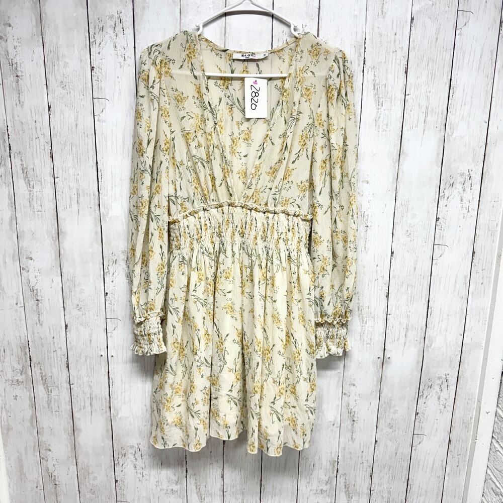 NA-KD Dress Women Sz 36 Cream‎ Floral V-Neck Overlap Balloon Sleeve Smocked Mini